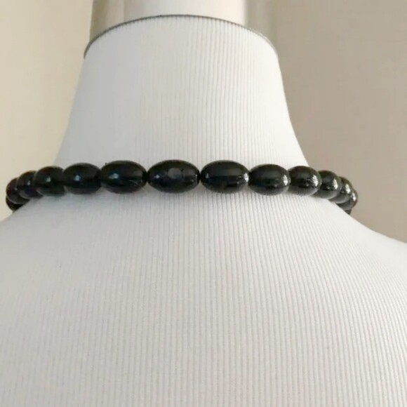 ID Card / Key Holder Necklace Handmade Black Oval Beads - Picture 3 of 5